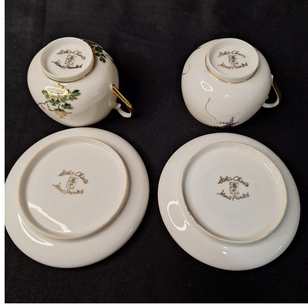 Vintage Set of 2 Soko China Hand Painted Eggshell Porcelain Demitasse Cup Saucer